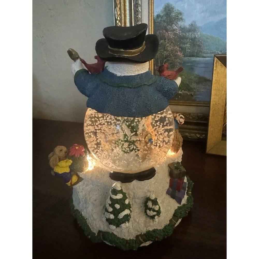 Vintage Three Jay's Musical Snowman Snow Globe Bunnies & Bears Woodland Holiday